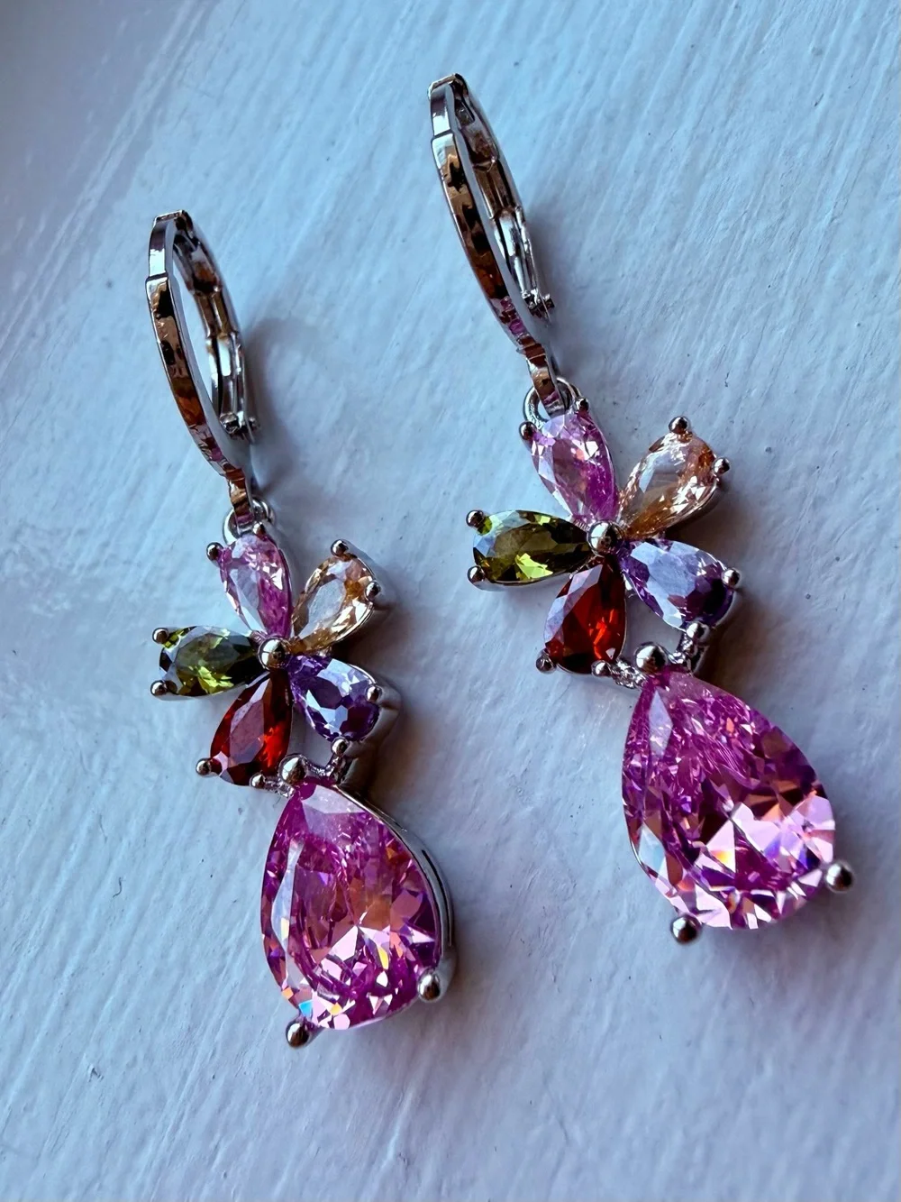 NEW!! Multi-Color Flower Drop Earrings with Pink Teardrop Gem
